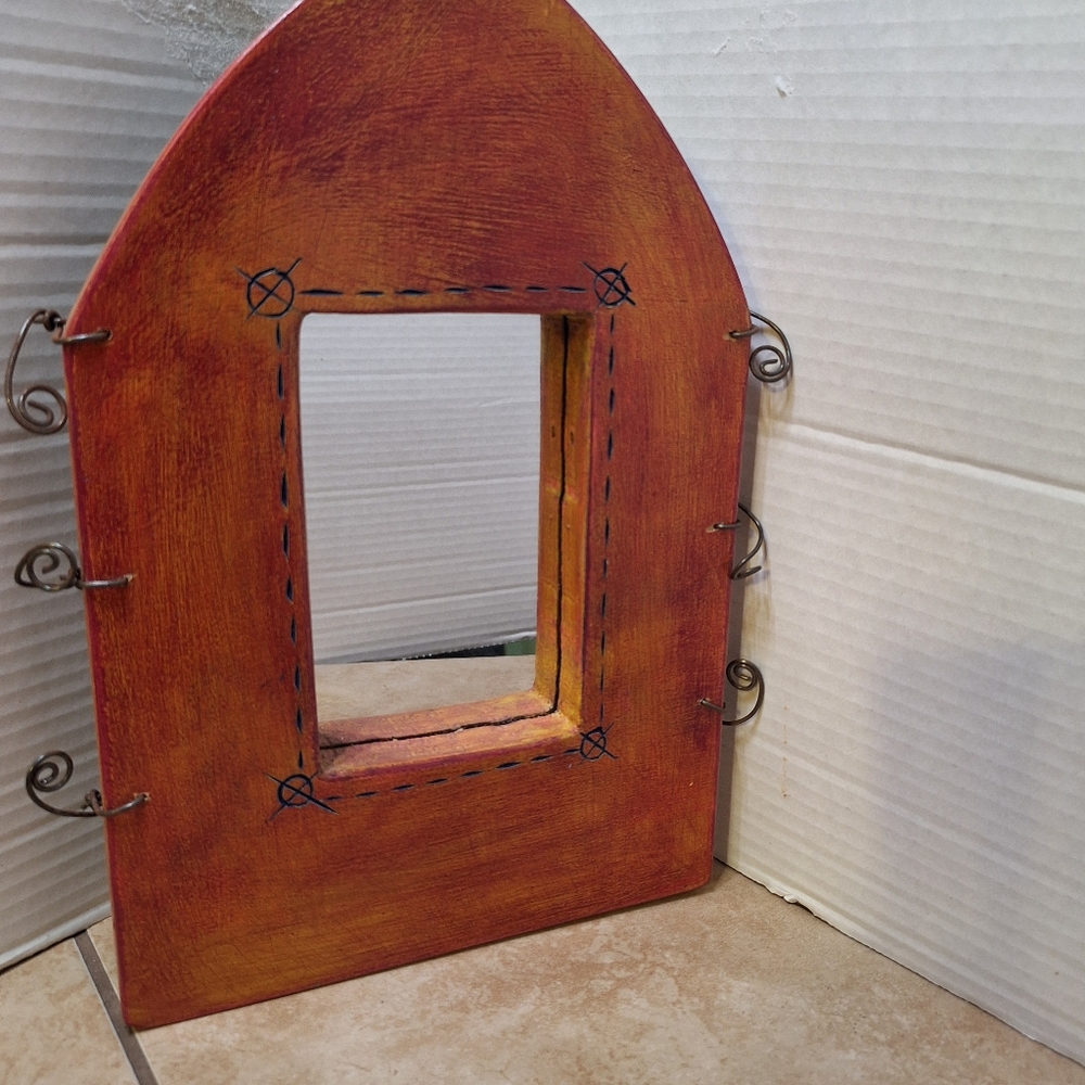 Vintage Handmade Wood And Wire Artist Decorative Mirror Artist Signed 12"